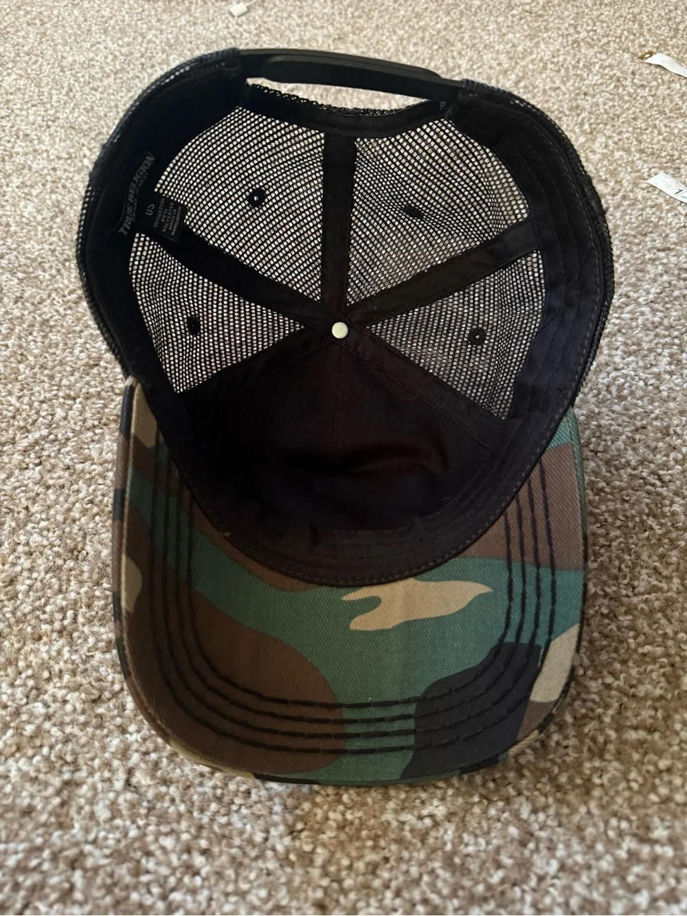 True Religion Camo Trucker Hat in Green and Brown with Black Mesh